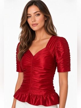 New RHODE Taffeta Peplum Malena Top in Cardinal Red